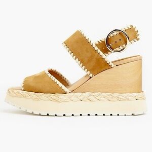 VAUDES Paloma Barcelò Camel Suede Woven Straw Wood Chunky Platform Wedge Sandal